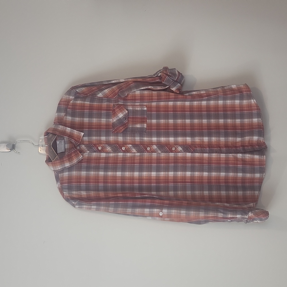 JEANSWEST Orange Red Gray Plaid Pearl Snap Pocket Roll-Tab Western Shirt